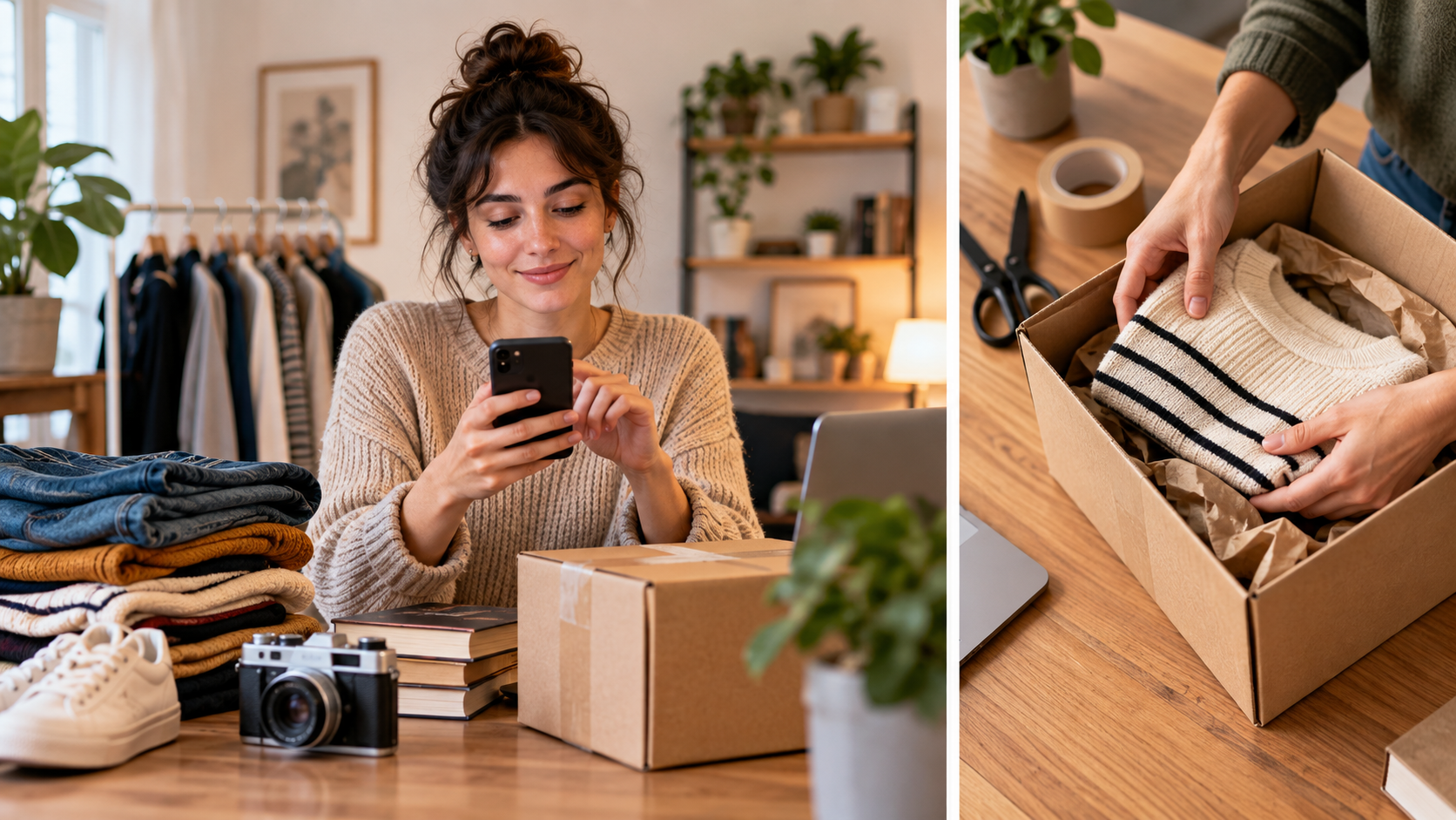 Persona che prepara oggetti usati e un pacco per una vendita online