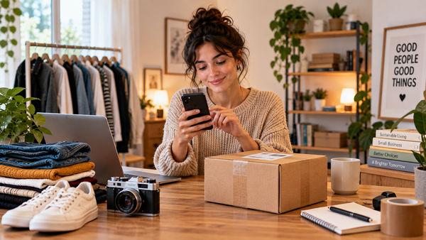 Persona che controlla dal telefono una vendita di usato online con il pacco pronto